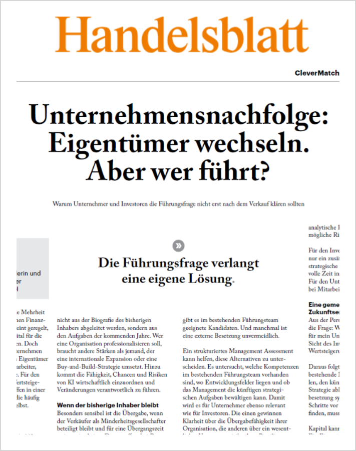 Handelsblatt-Artikel: Unternehmensnachfolge – Eigentümer wechseln. Aber wer führt?